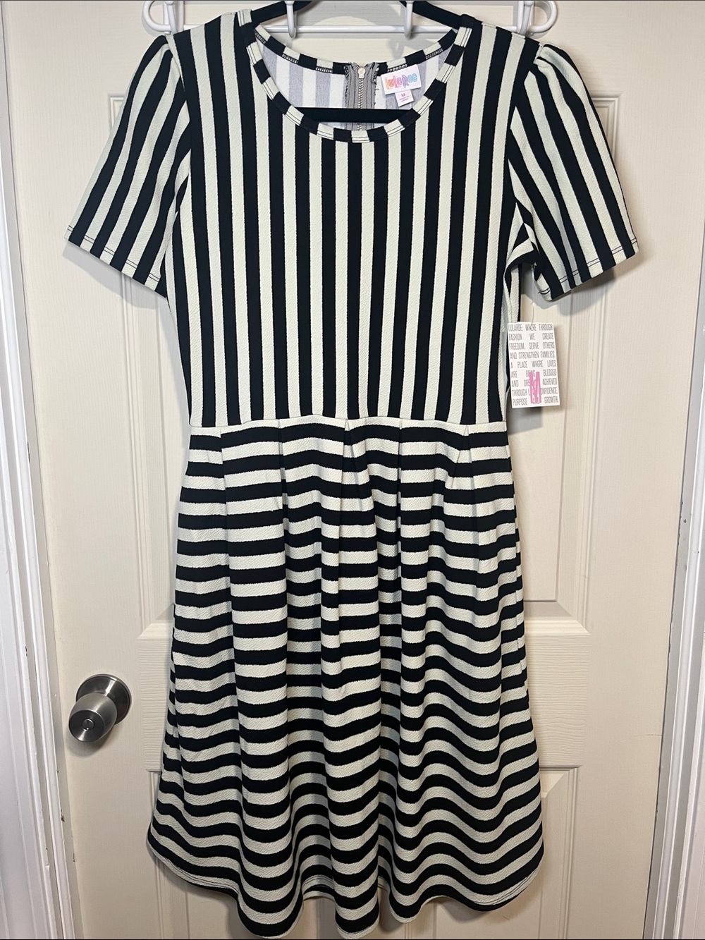 LuLaRoe Black and White Striped Short Sleeve Fit-and-Flare Dress